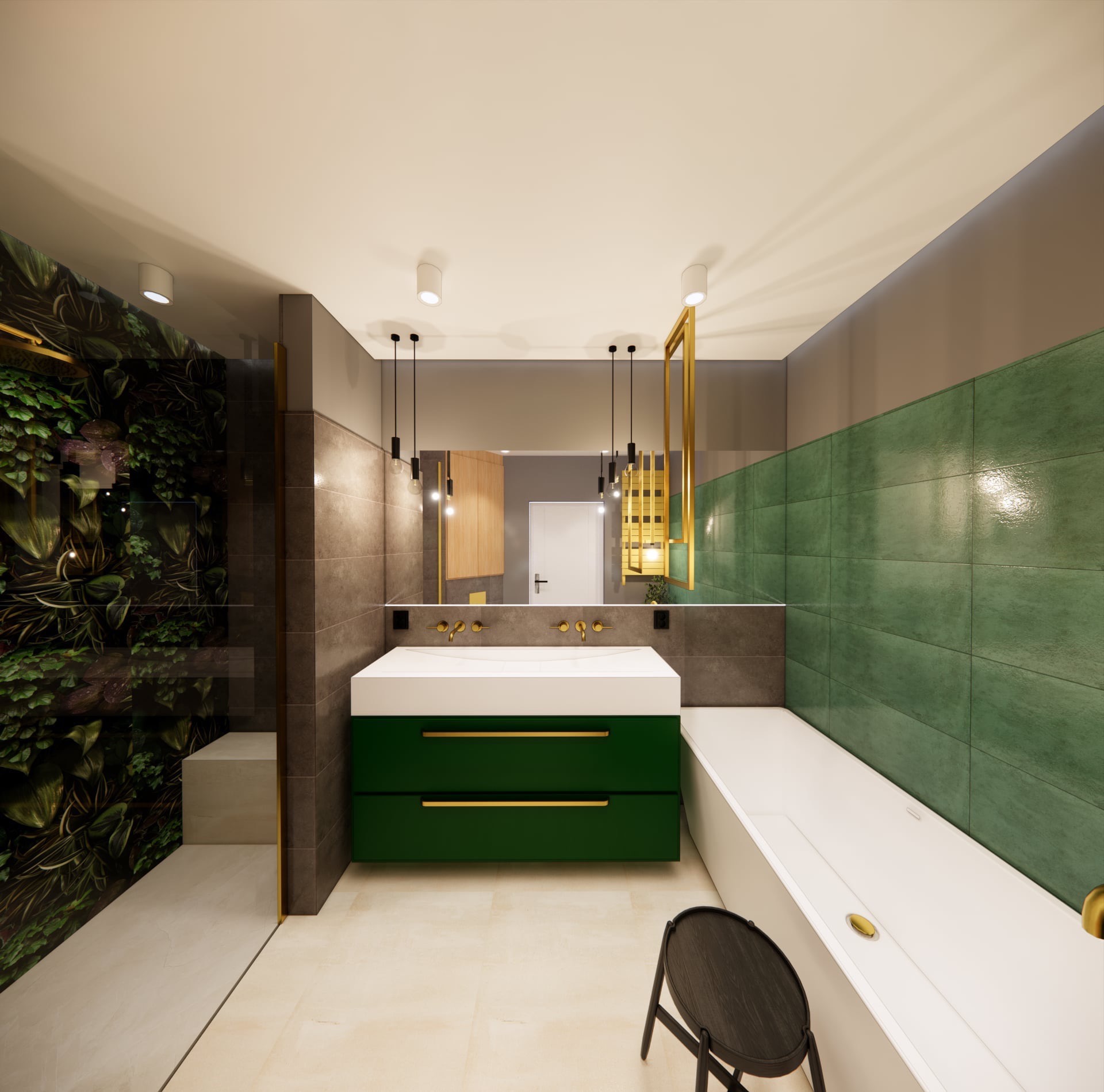 Nowoczesna łazienka z zielonymi akcentami: roślinna ściana w kabinie prysznicowej, szafka pod umywalkę w kolorze butelkowej zieleni z złotymi uchwytami, biała wanna, szara ściana i złote elementy...
