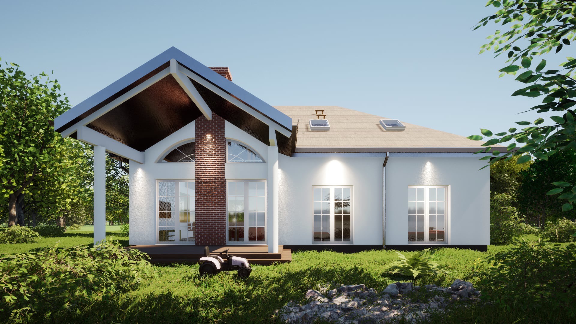 Wizualizacja domu jednorodzinnego z białymi ścianami, ceglanym kominem i dużymi oknami, otoczonego zielenią, z kosiarką na trawniku.