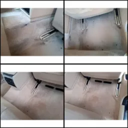 Cztery ujęcia beżowej, samochodowej wykładziny podłogowej przed i po czyszczeniu, widoczne mocne zabrudzenia i efekt odświeżenia.