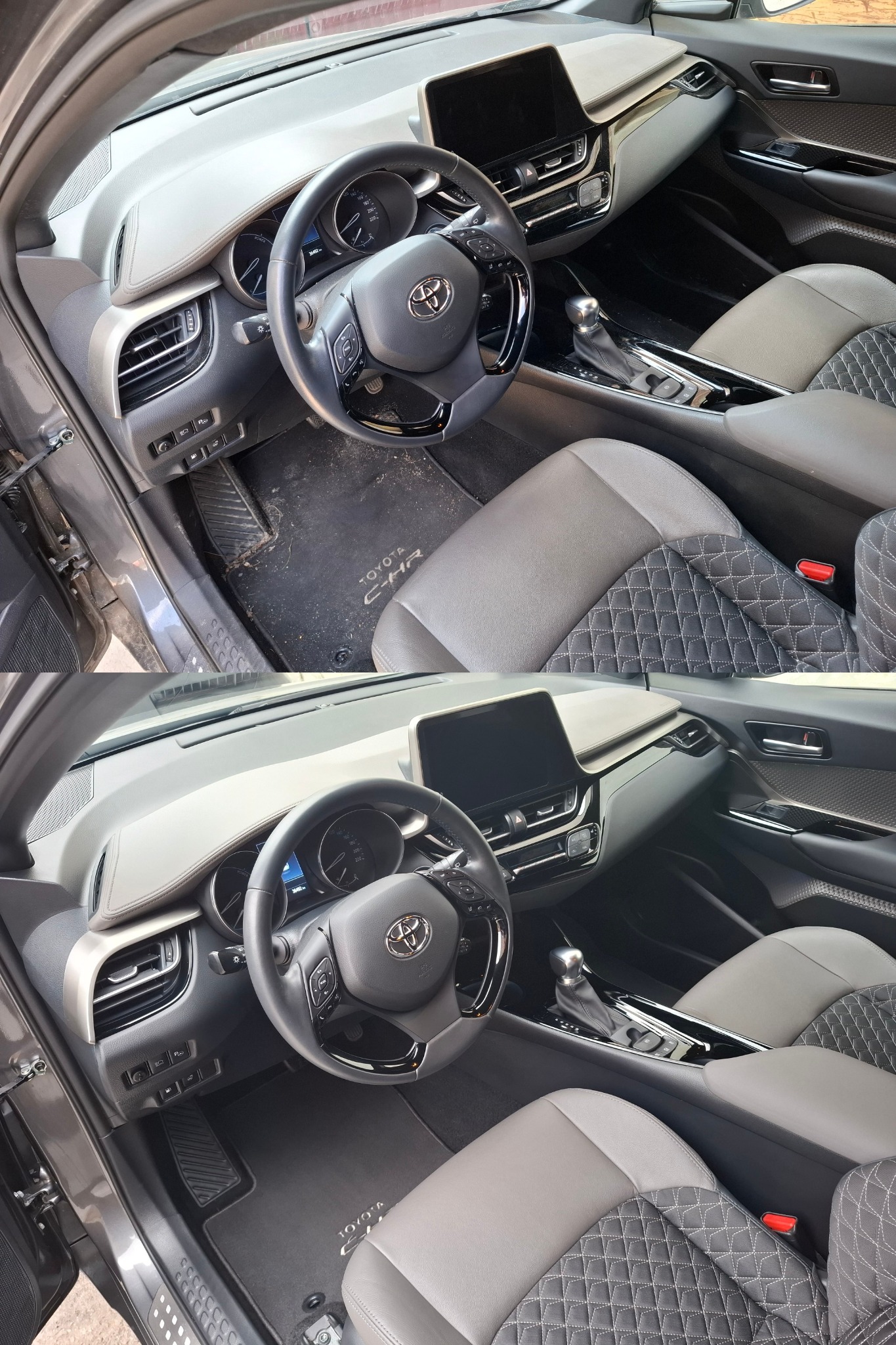 Porównanie wnętrza samochodu Toyota C-HR przed i po czyszczeniu: brudny dywanik pod nogami kierowcy kontra czysty dywanik, widoczne różnice w odcieniach szarości tapicerki.