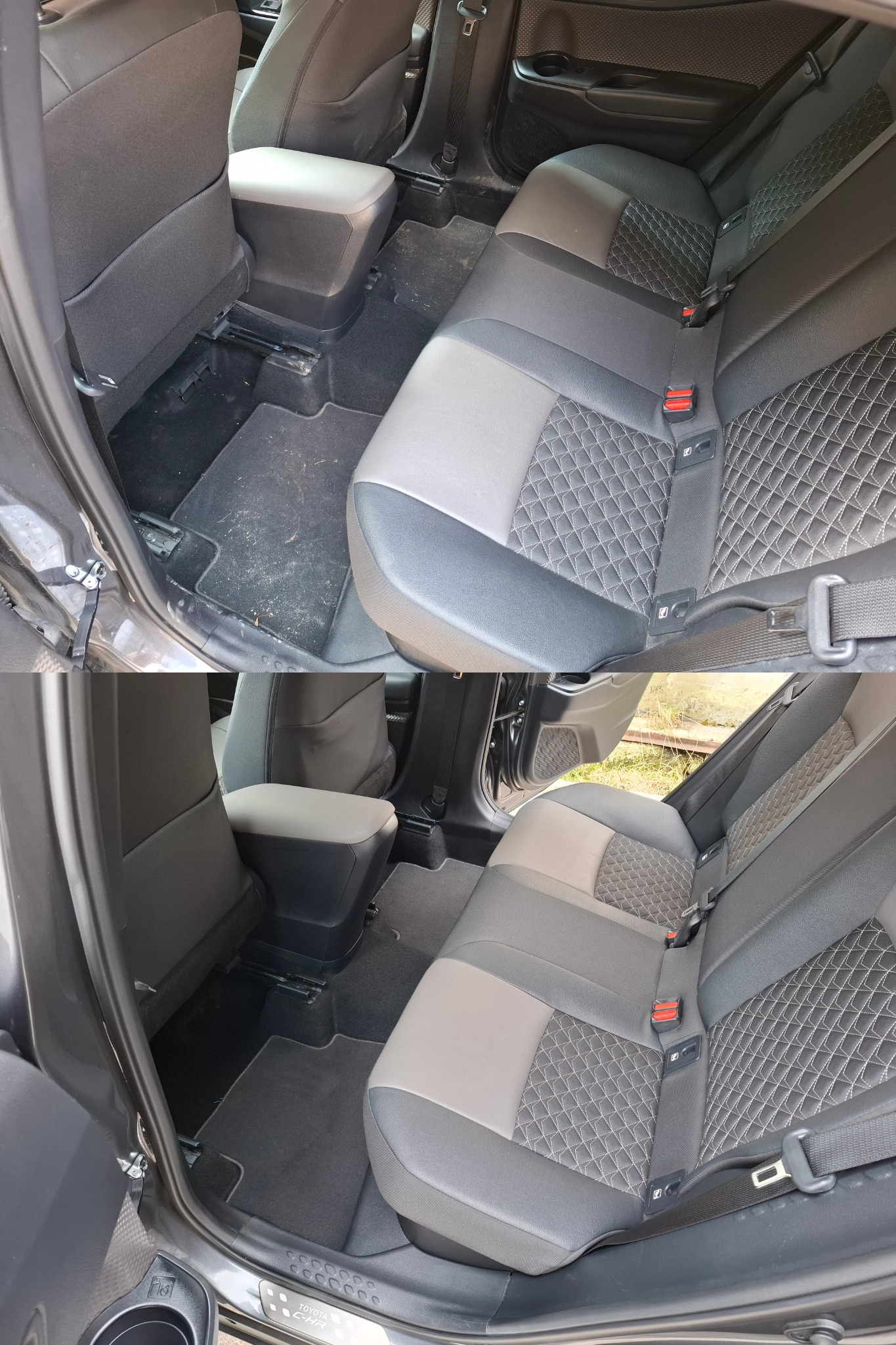 Porównanie tylnej kanapy i podłogi samochodu przed i po czyszczeniu. Widoczna różnica w kolorze i czystości tapicerki oraz dywaników.