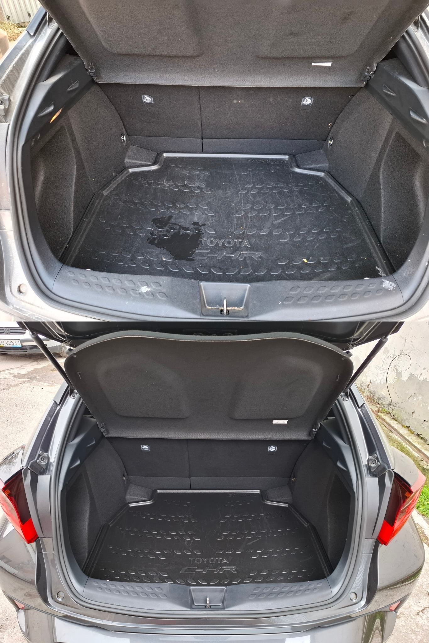 Dwa ujęcia bagażnika samochodu Toyota C-HR: górne z widocznymi plamami na gumowej macie, dolne czyste i uporządkowane.