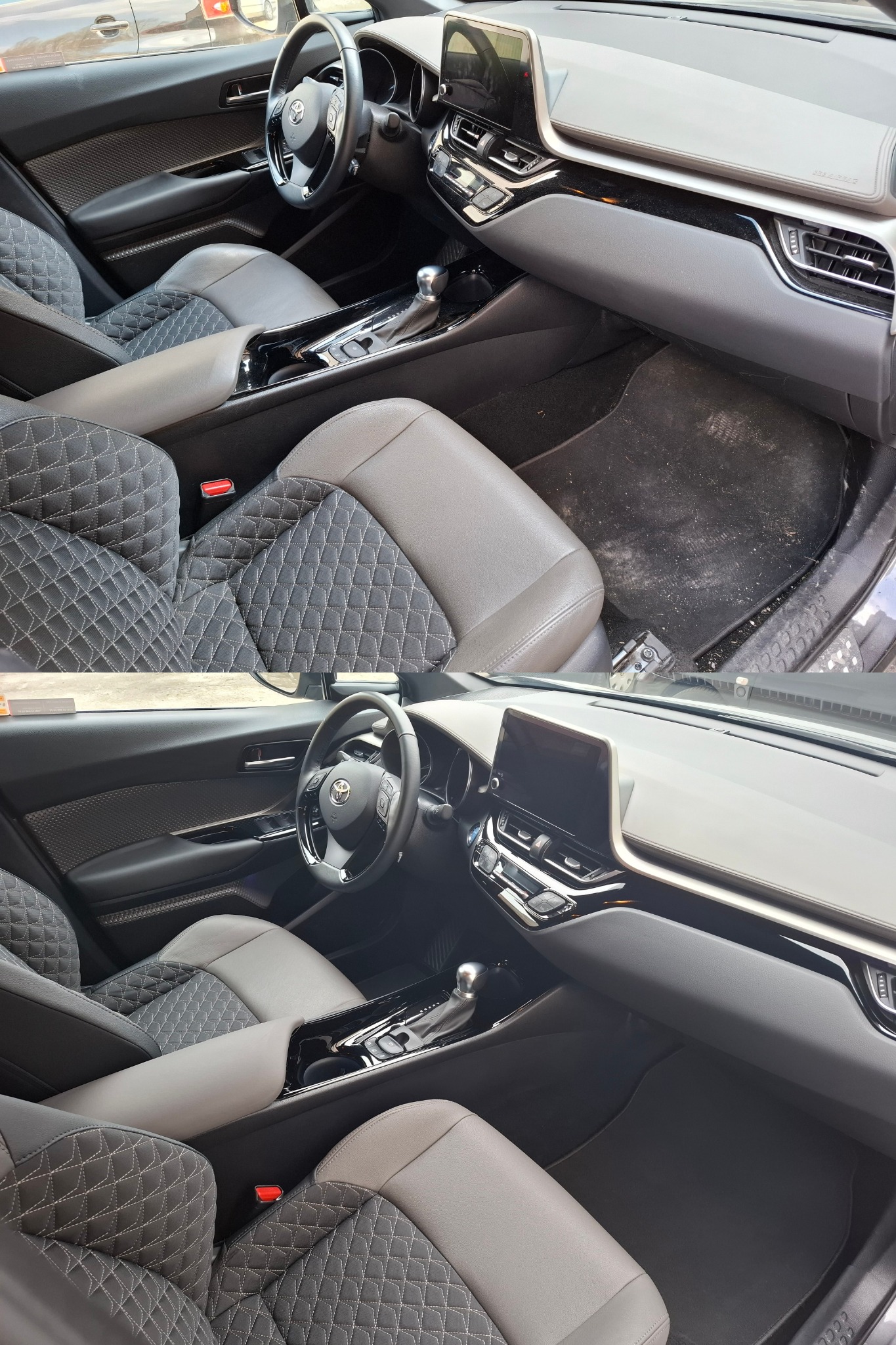 Wnętrze samochodu Toyota C-HR z szarą tapicerką w romby, widoczne zabrudzenia na dywaniku kierowcy.