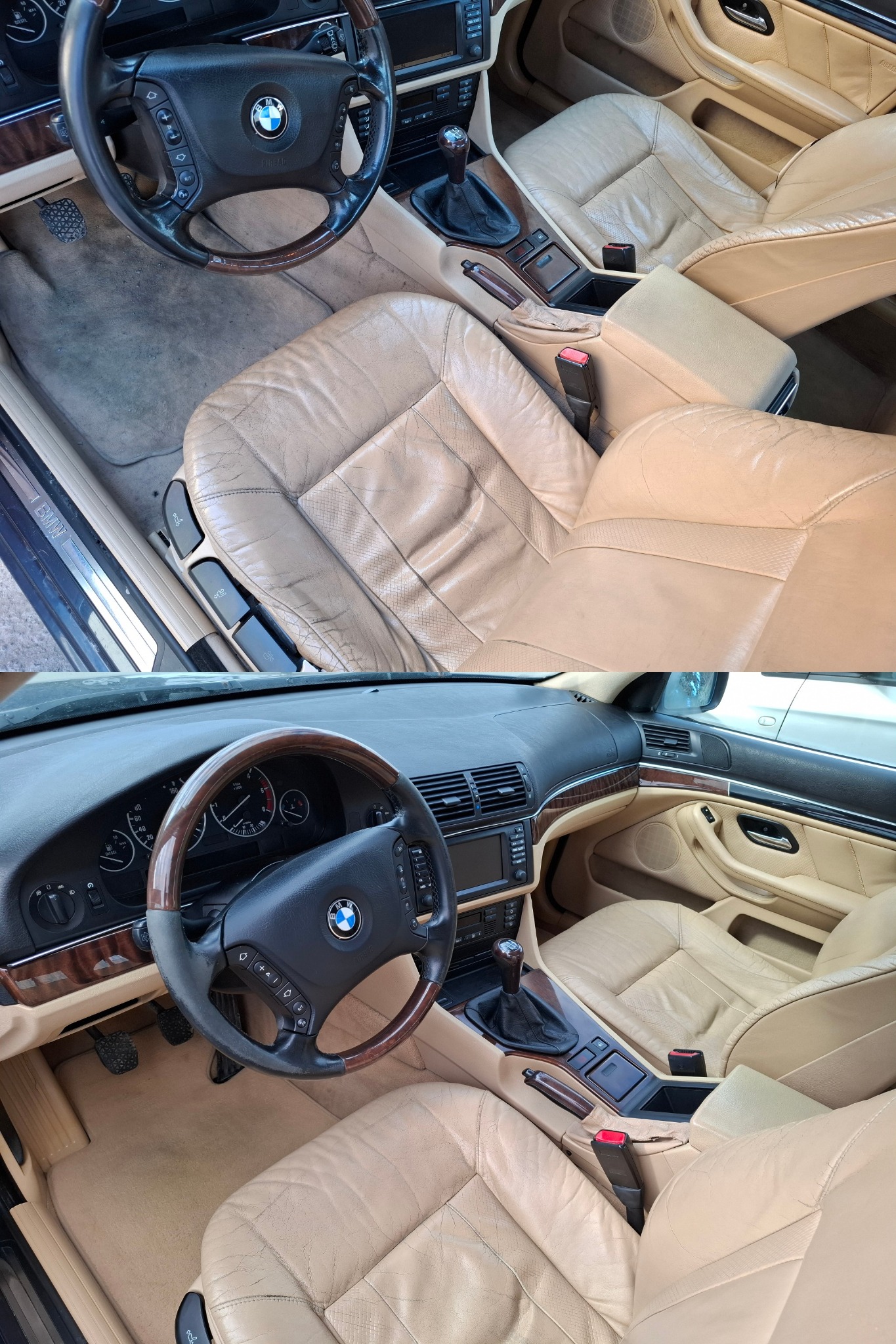 Wnętrze samochodu BMW z beżową skórzaną tapicerką przednich foteli, widoczne ślady użytkowania i zarysowania na skórze, kierownica z drewnianymi wstawkami.