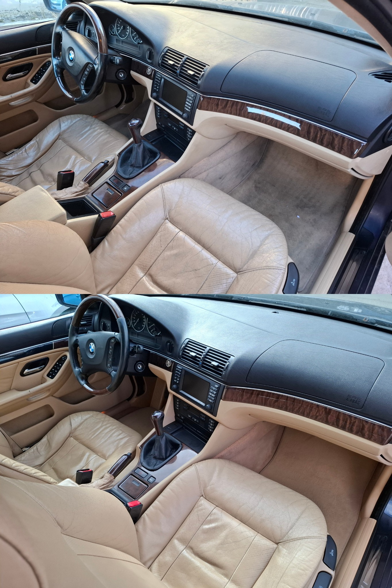 Porównanie wnętrza samochodu BMW E39 przed i po czyszczeniu tapicerki skórzanej, widoczne różnice w kolorze i fakturze skóry na siedzeniach i dywanikach.