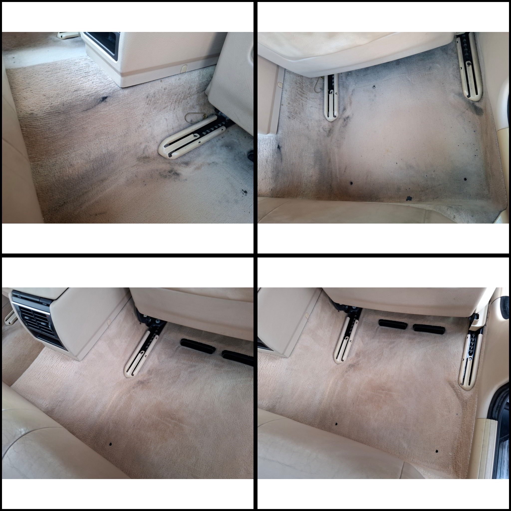 Cztery ujęcia beżowej, samochodowej wykładziny podłogowej przed i po czyszczeniu, widoczne mocne zabrudzenia i efekt odświeżenia.