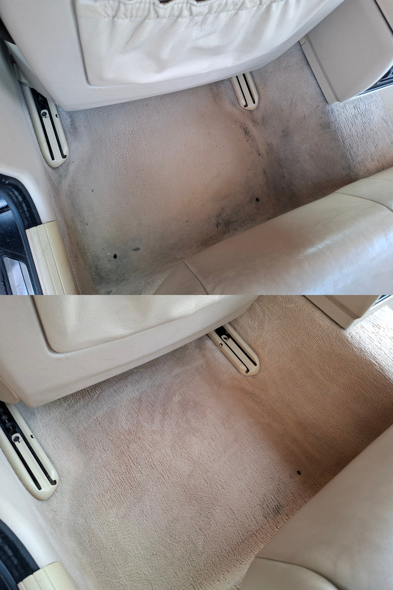 Porównanie stanu dywanika samochodowego przed i po czyszczeniu, widoczne różnice w odcieniu i usunięte zabrudzenia.