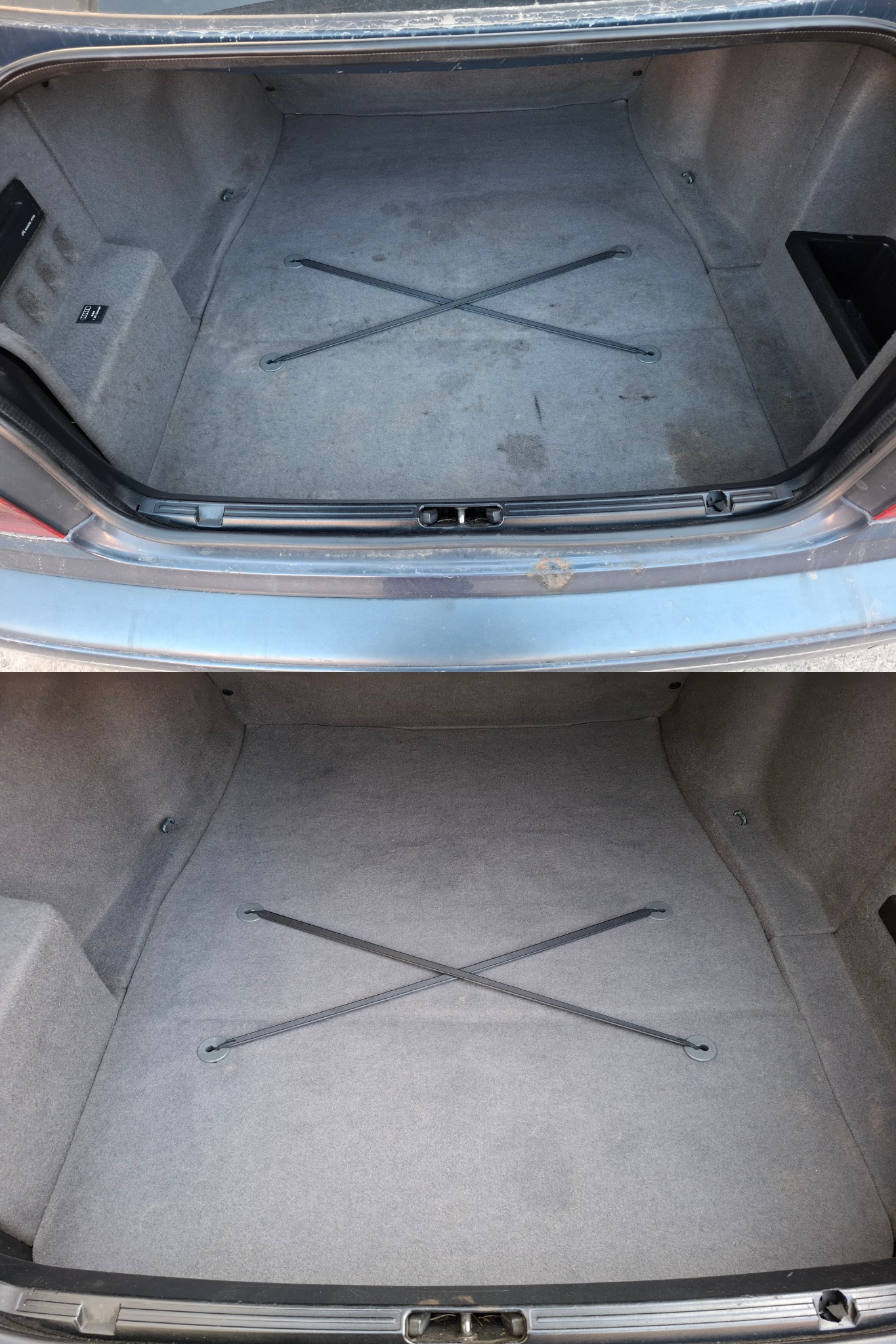 Porównanie bagażnika samochodowego przed i po czyszczeniu tapicerki, widoczne różnice w odcieniu szarości i usunięte zabrudzenia.