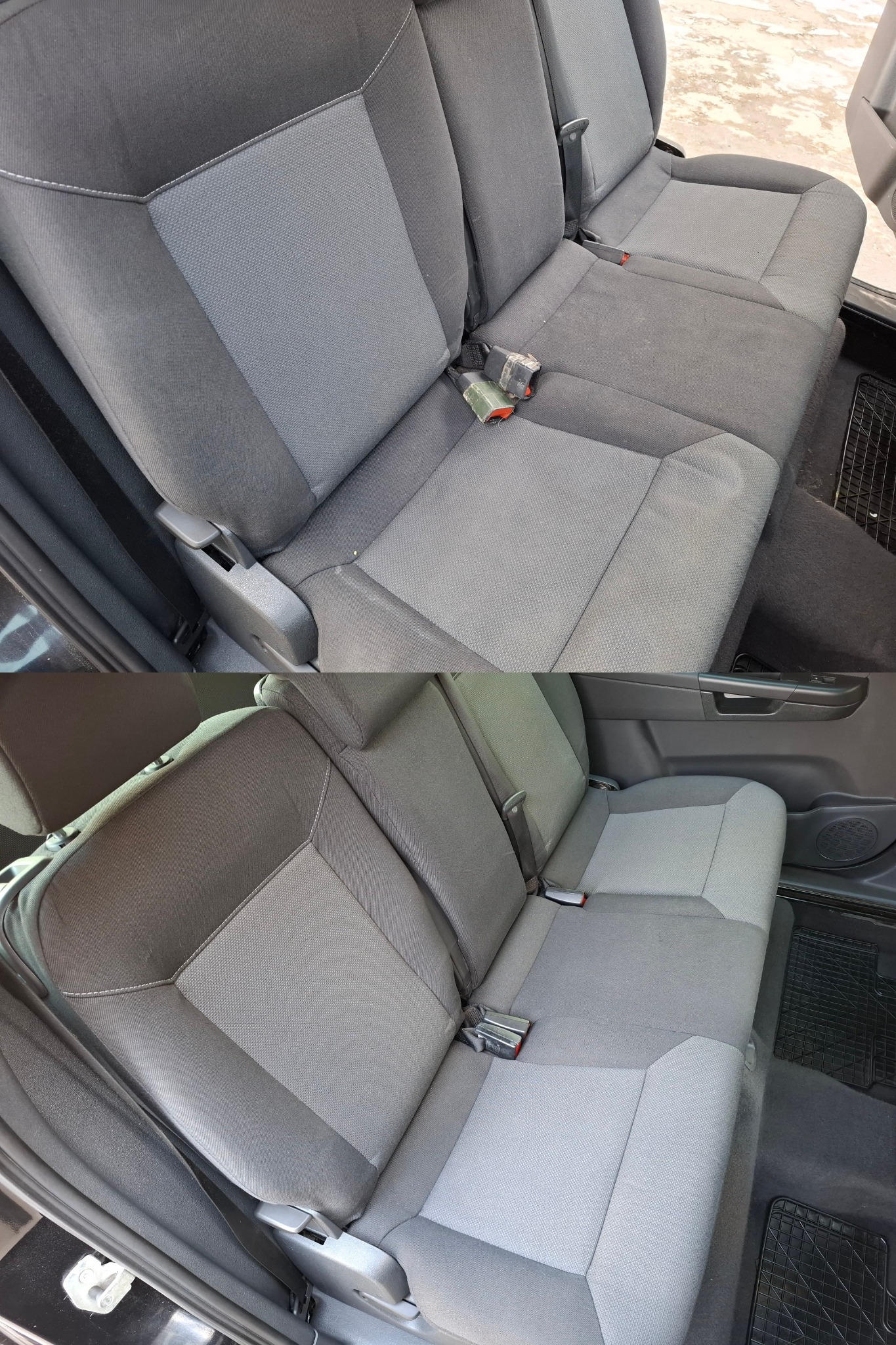 Porównanie tylnej kanapy samochodowej przed i po czyszczeniu, widoczne różnice w odcieniach szarości tapicerki.