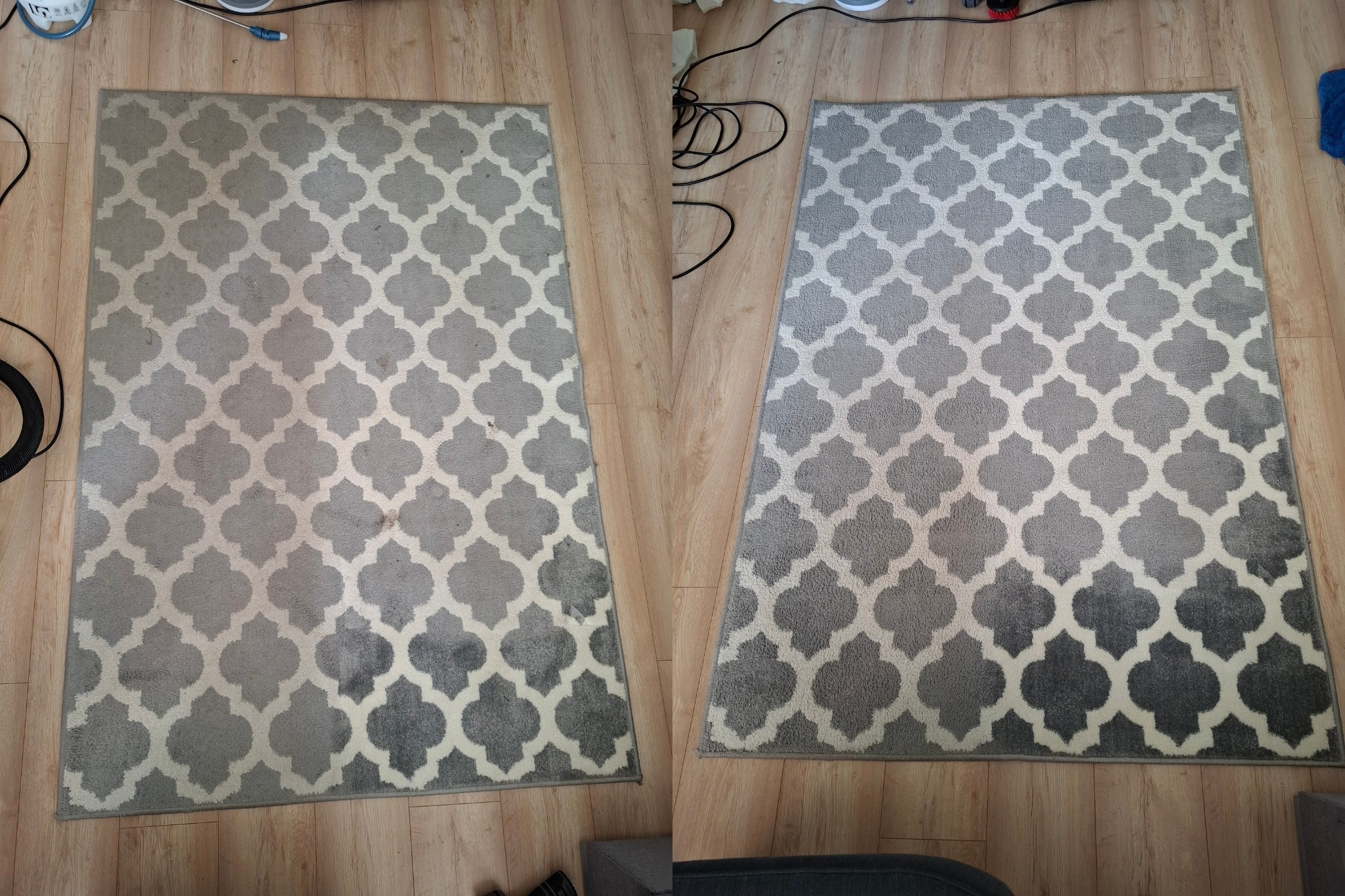 Dywan z geometrycznym wzorem w odcieniach szarości, prezentujący efekt przed i po czyszczeniu. Widoczna różnica w intensywności koloru i usuniętych zabrudzeniach.