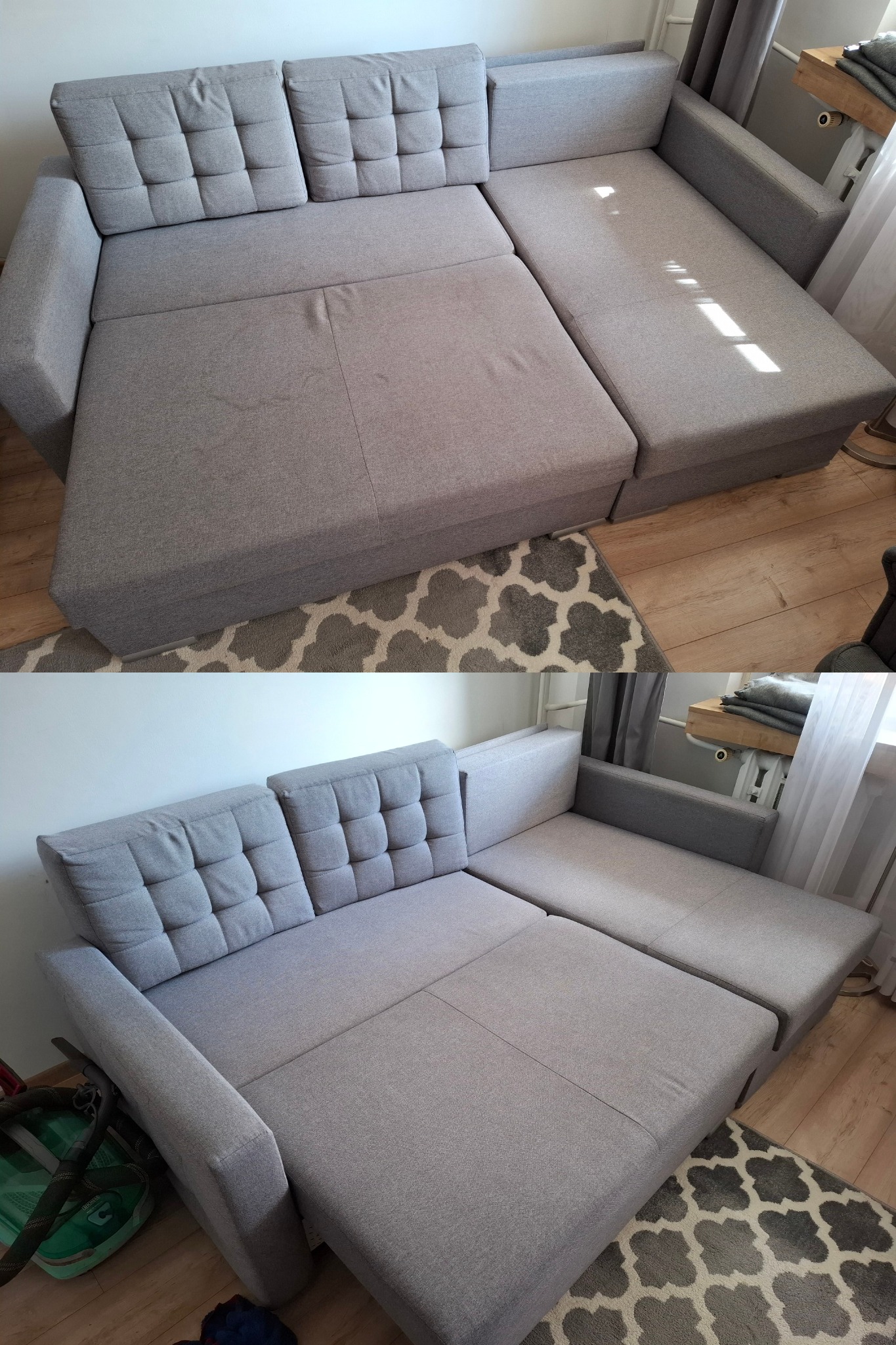 Dwa ujęcia szarej, rozłożonej sofy narożnej z pikowanymi poduchami, na drewnianej podłodze z wzorzystym dywanem. Widoczne zacienienia i światło dzienne.