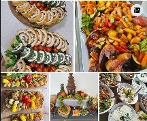 Bogaty wybór potraw cateringowych: rolady z nadzieniem, pieczone warzywa z kurczakiem, kolorowe sałatki i fontanna czekoladowa. Różnorodność smaków i estetyczna prezentacja.