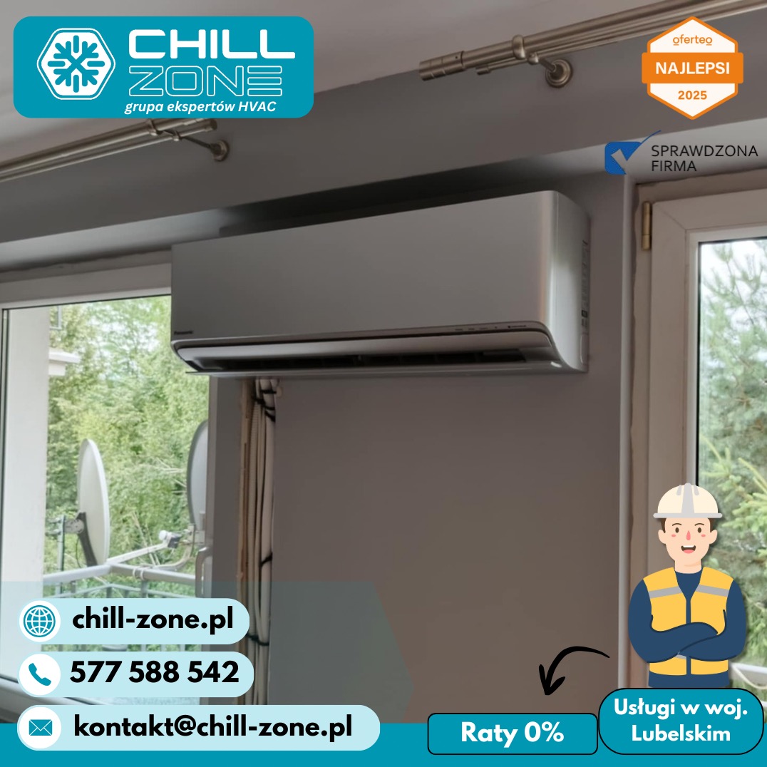 Zamontowany klimatyzator Panasonic w szarym pomieszczeniu, obok okna. Widoczne logo firmy Chill Zone i informacje kontaktowe. Oferteo Najlepsi 2025, Sprawdzona Firma.