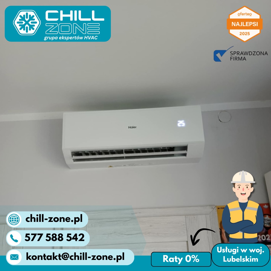 Biała klimatyzacja Haier na ścianie w Lublinie, z logo firmy Chill Zone i informacją o ratach 0%. Widoczne oznaczenia 'Najlepsi 2025' i 'Sprawdzona Firma'.