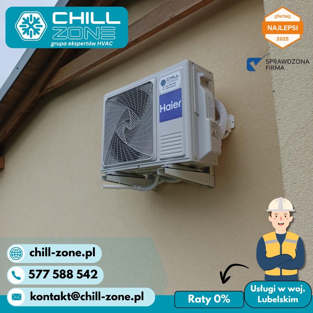 Klimatyzator Haier zamontowany na elewacji budynku. Widoczne logo firmy Chill Zone, informacja o ofercie ratalnej i nagrodzie Oferteo Najlepsi 2025.