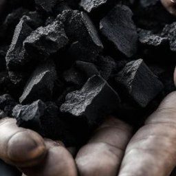 TRANS-GONDOLA - Dłonie robotnika trzymają bryły węgla kamiennego, widoczne ślady pyłu na skórze, ostre światło podkreśla teksturę materiału.