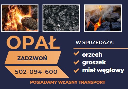 Grafika reklamowa opału: płonące bryły, czarny węgiel, dymiące brykiety, oferta sprzedaży orzecha, groszku i miału węglowego, numer telefonu i informacja o własnym transporcie na ciemnoniebieskim tle.