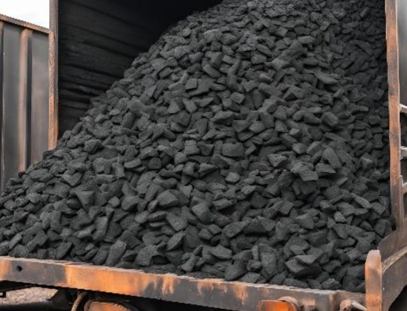 Wnętrze skrzyni ładunkowej samochodu ciężarowego wypełnione po brzegi czarnym węglem kamiennym o nieregularnych kształtach.