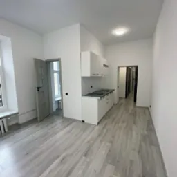 Jasne panele podłogowe w nowym, minimalistycznym mieszkaniu z białą kuchnią i drzwiami wewnętrznymi w odcieniach szarości.