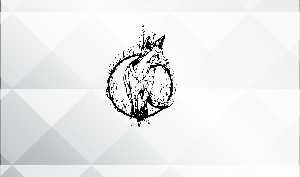 Czarno-biała grafika przedstawiająca lisa otoczonego okręgiem z efektem rozprysku farby na tle geometrycznym.