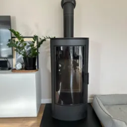 Czarny, nowoczesny kominek wolnostojący z szybą, umieszczony na czarnej macie ochronnej, obok legowiska dla psa i szafki z rośliną doniczkową.