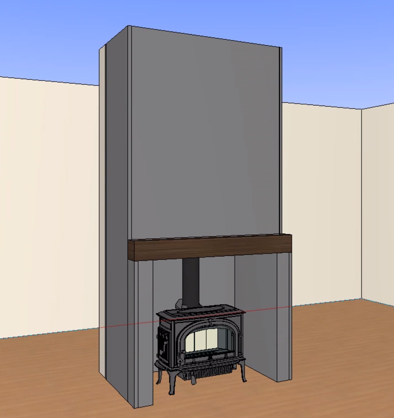 Wizualizacja 3D: Żeliwny piec kominkowy w szarej, prostej obudowie z drewnianą belką, na drewnianej podłodze, w pokoju z beżowymi ścianami.