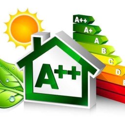 JWTK KANCELARIA OBSŁUGI NIERUCHOMOŚCI - Grafika wektorowa przedstawiająca dom z oznaczeniem klasy energetycznej A++, obok liście z kroplami wody i słońce.