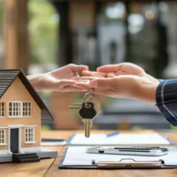 Przekazanie kluczy do domu modelowego na drewnianym biurku, z dokumentami i długopisem w tle, symbolizujące transakcję kupna-sprzedaży nieruchomości.