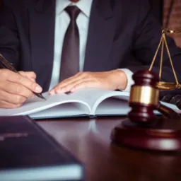 Mężczyzna w garniturze podpisuje dokument piórem, obok waga sprawiedliwości i młotek sędziowski.