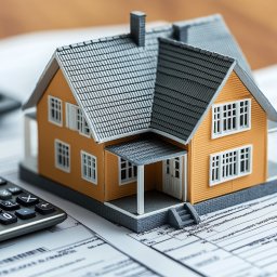 JWTK KANCELARIA OBSŁUGI NIERUCHOMOŚCI - Model domu z pomarańczową elewacją i szarym dachem, położony na dokumentach obok kalkulatora.