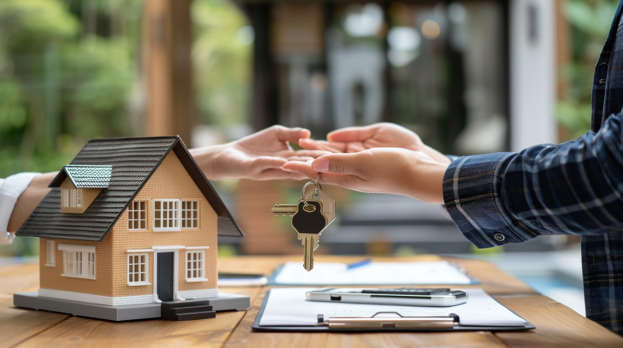 Przekazanie kluczy do domu modelowego na drewnianym biurku, z dokumentami i długopisem w tle, symbolizujące transakcję kupna-sprzedaży nieruchomości.