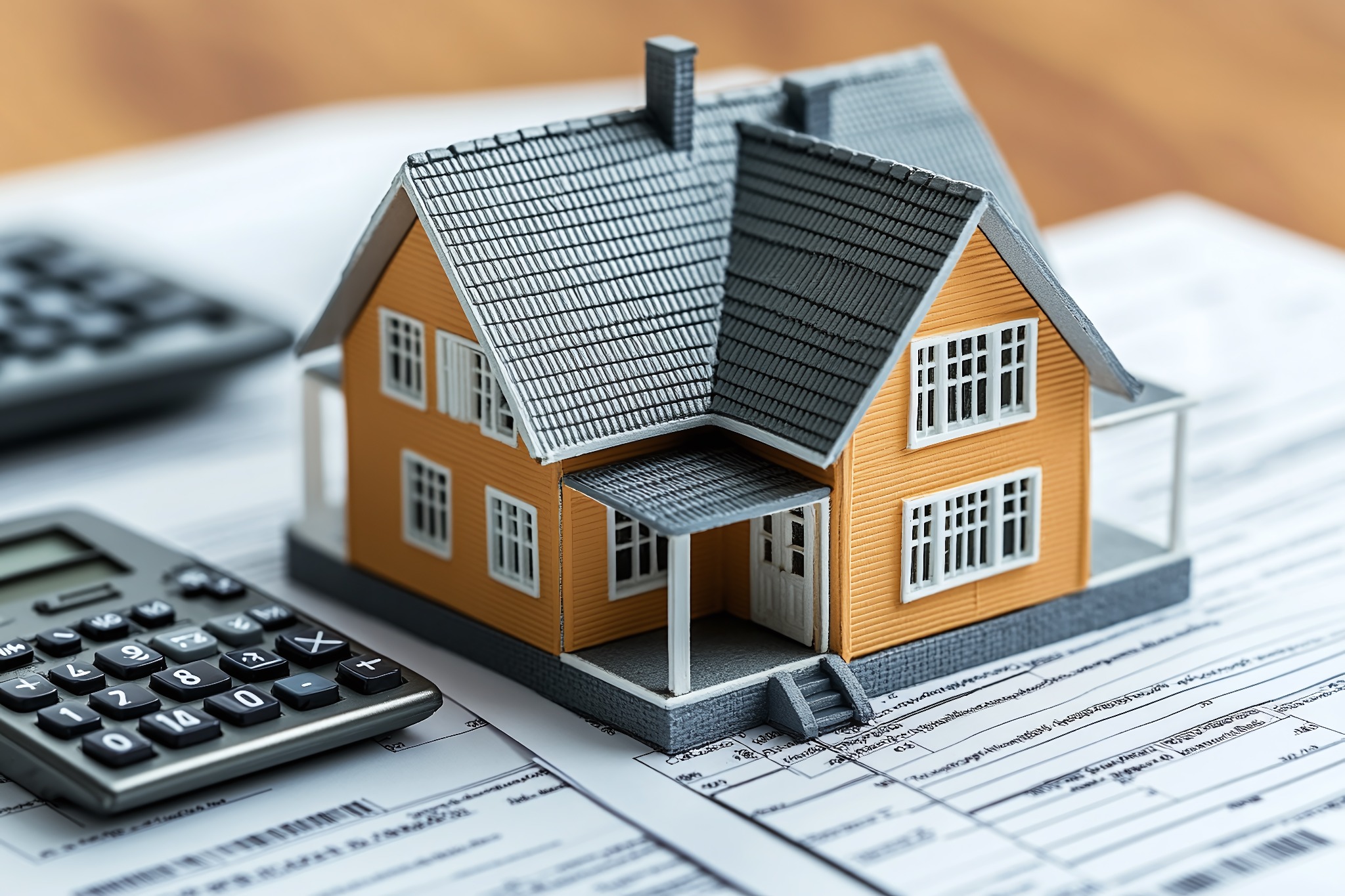 Model domu z pomarańczową elewacją i szarym dachem, położony na dokumentach obok kalkulatora.