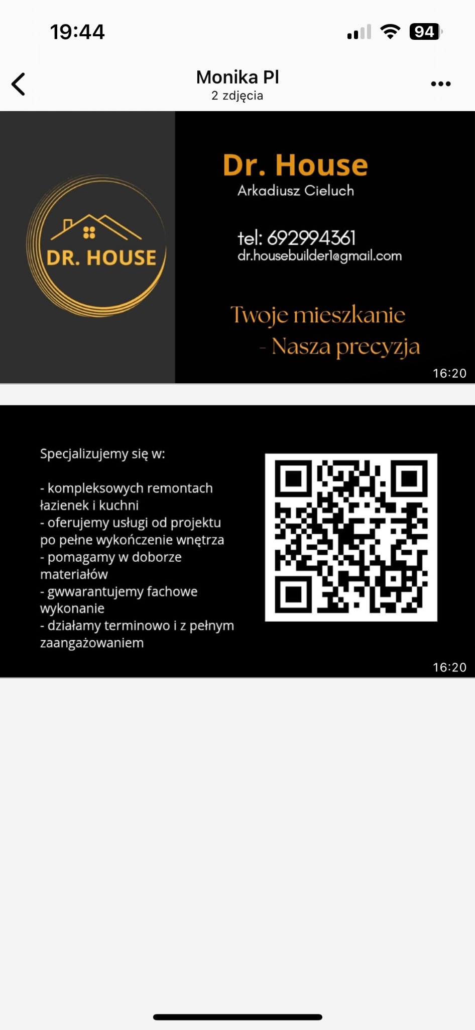 Wizytówka firmy Dr. House z logo, danymi kontaktowymi i ofertą: kompleksowe remonty łazienek i kuchni, wykończenia wnętrz. Kod QR.