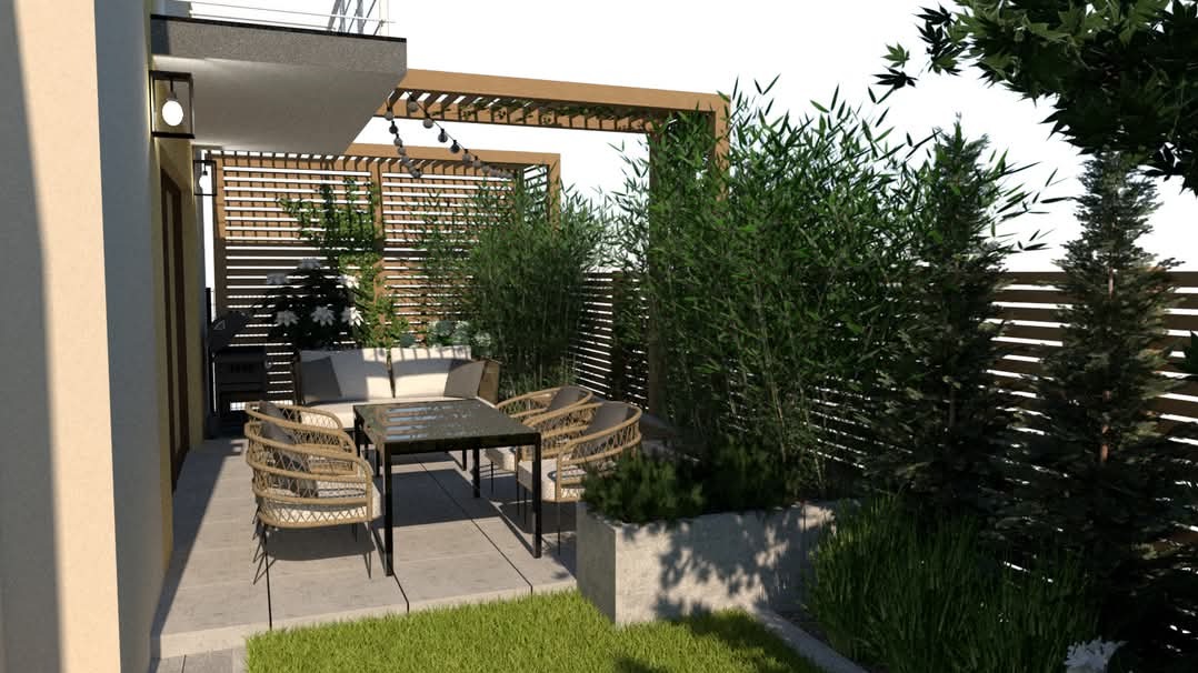 Wizualizacja tarasu z meblami ogrodowymi, pergolą i roślinnością, w tym bambusem i iglakami, oddzielona od reszty ogrodu drewnianym panelem.