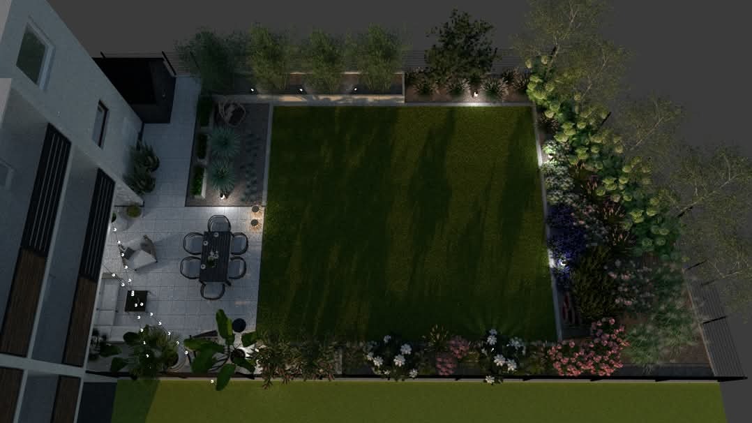 Projekt ogrodu z widokiem z góry, ukazujący równy trawnik, patio z meblami ogrodowymi, oświetlenie punktowe i różnorodne nasadzenia.