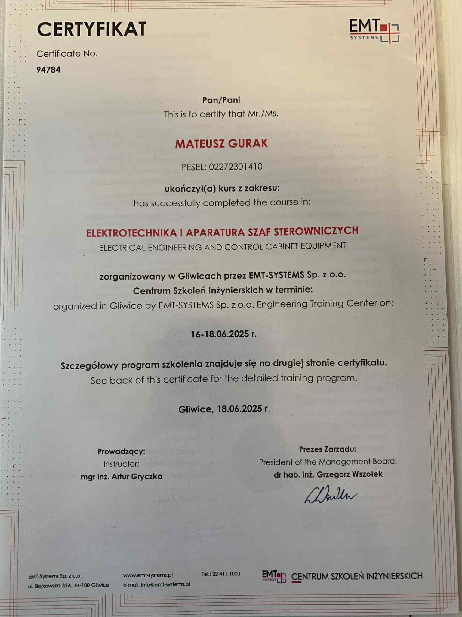 Certyfikat potwierdzający wiedzę w zakresie szaf sterowniczych oraz podstaw elektrotechniki.