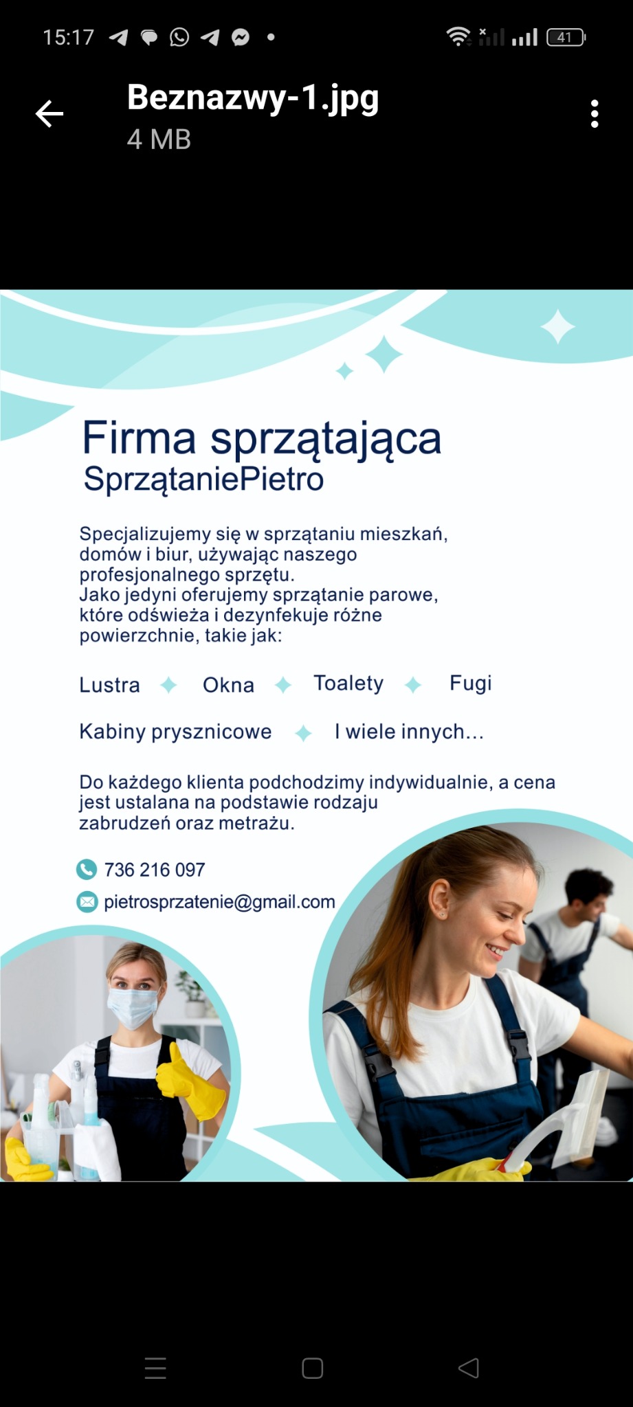 Grafika reklamowa firmy sprzątającej: SprzątaniePietro, oferującej sprzątanie mieszkań, domów, biur, sprzątanie parowe, mycie luster, okien, toalet, kabin prysznicowych i fug. Na zdjęciu pracownicy...