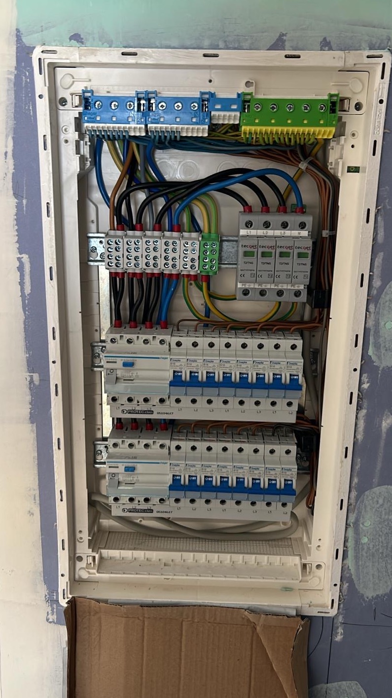 Rozdzielnica elektryczna w białej obudowie, widoczne bezpieczniki, kable i listwy zaciskowe. Ściana w tle z widocznymi śladami po pracach wykończeniowych.