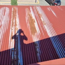 GREEN MASTER MYKHAILO BURDOVSKYI - Czerwona, pofałdowana blacha z widocznymi śladami korozji i resztkami białej farby, cień fotografa w lewym centrum kadru, fragment samochodu i zieleni w tle, widok z góry.