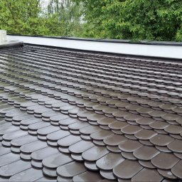 GREEN MASTER MYKHAILO BURDOVSKYI - Dach pokryty ciemnymi, błyszczącymi dachówkami w kształcie łusek, z widocznym fragmentem klimatyzatora i zielenią w tle.