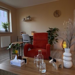 Pracownia Psychoterapii AGATA NIEDŹWIEDŹ-DĄBKOWSKA - Przytulny gabinet terapeutyczny z czerwonym fotelem, drewnianym stolikiem kawowym, roślinami doniczkowymi i dekoracjami, tworzący relaksującą atmosferę.
