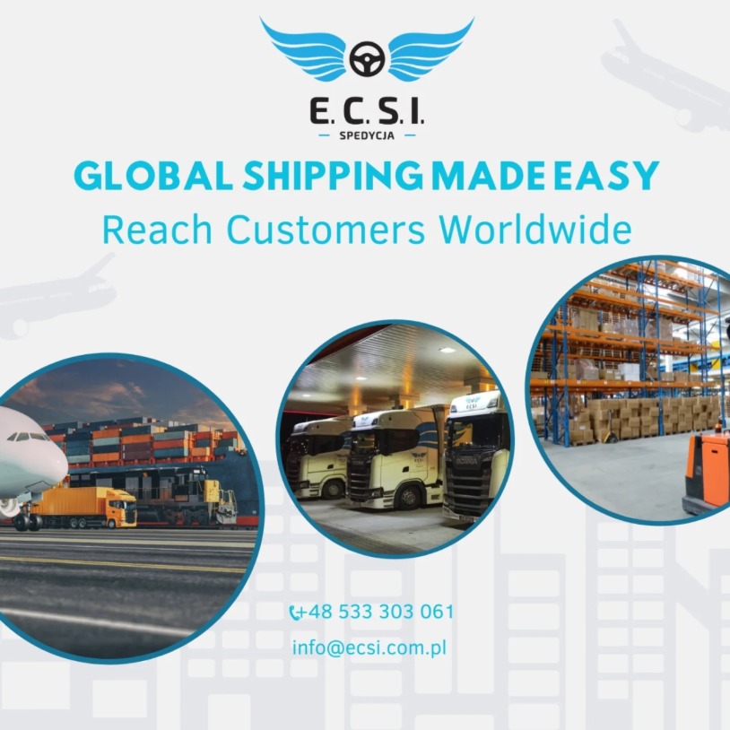 Kompozycja graficzna przedstawiająca usługi spedycyjne: samolot z ładunkiem, ciężarówki i magazyn z regałami, logo firmy E.C.S.I. Spedycja z hasłem 'Global Shipping Made Easy, Reach Customers...