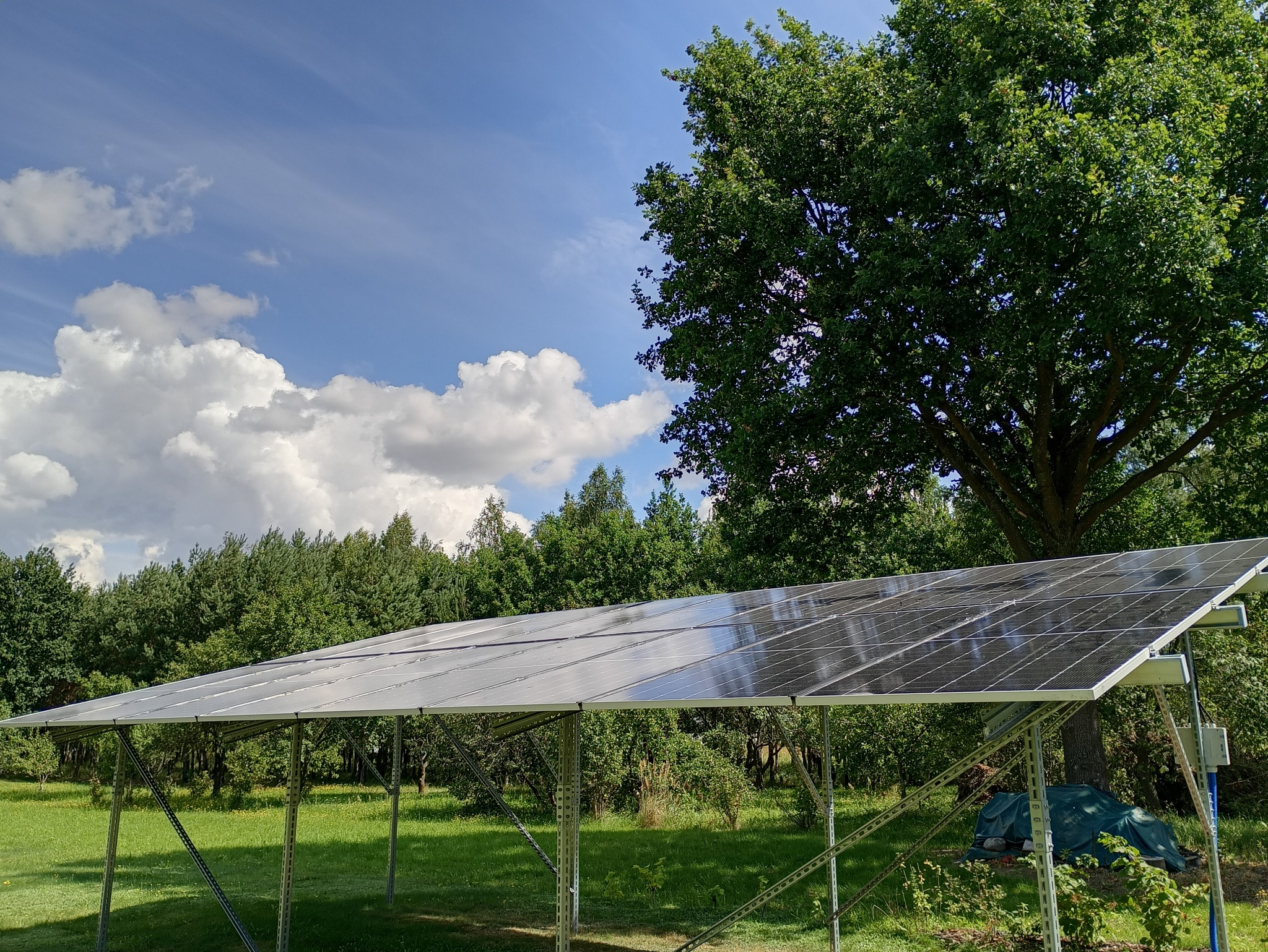 Zamontowane panele słoneczne na metalowej konstrukcji, na tle zieleni i błękitnego nieba z chmurami. Widok z dołu, oświetlenie naturalne, słoneczny dzień.