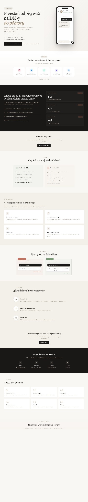 Landing page SalonMate na jasnym tle. Widoczny fragment strony z tekstem, grafikami i mockupem telefonu. Minimalistyczny design, czytelna typografia.