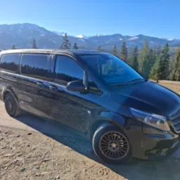 Czarny van Mercedes-Benz Vito z przyciemnianymi szybami na tle górskiego krajobrazu z ośnieżonymi szczytami i lasem iglastym w słoneczny dzień.