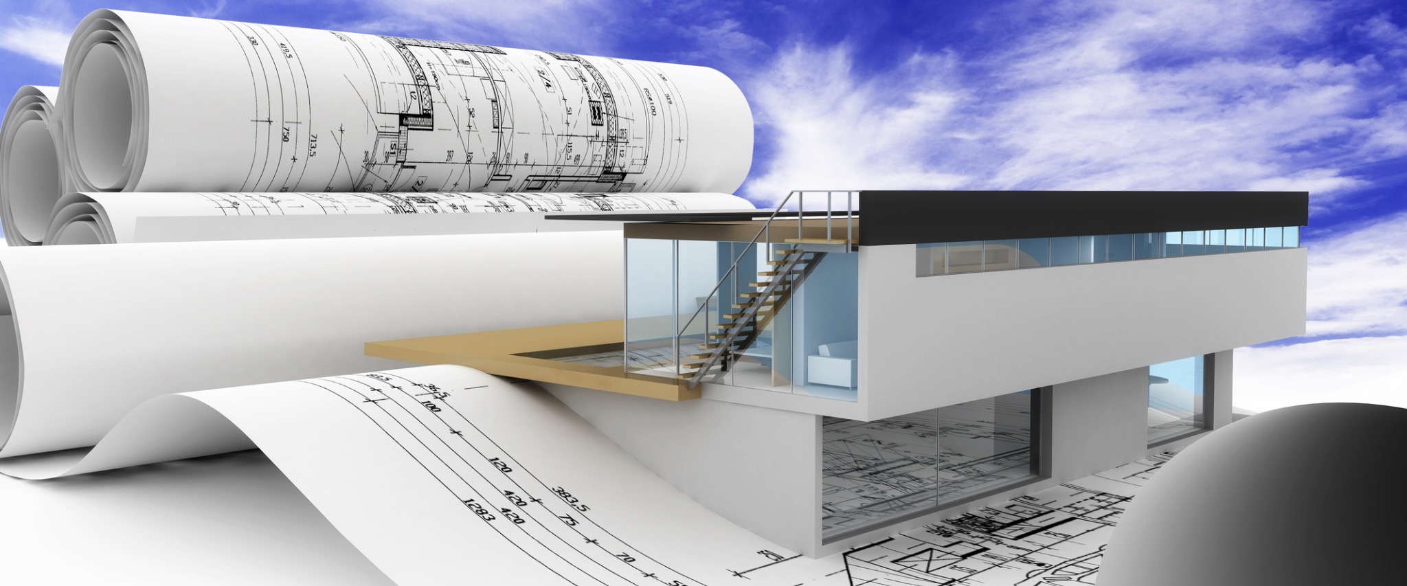 Wizualizacja nowoczesnego dwukondygnacyjnego domu z płaskim dachem i dużymi przeszkleniami, otoczonego zwojami planów architektonicznych z naniesionymi wymiarami, na tle błękitnego nieba.