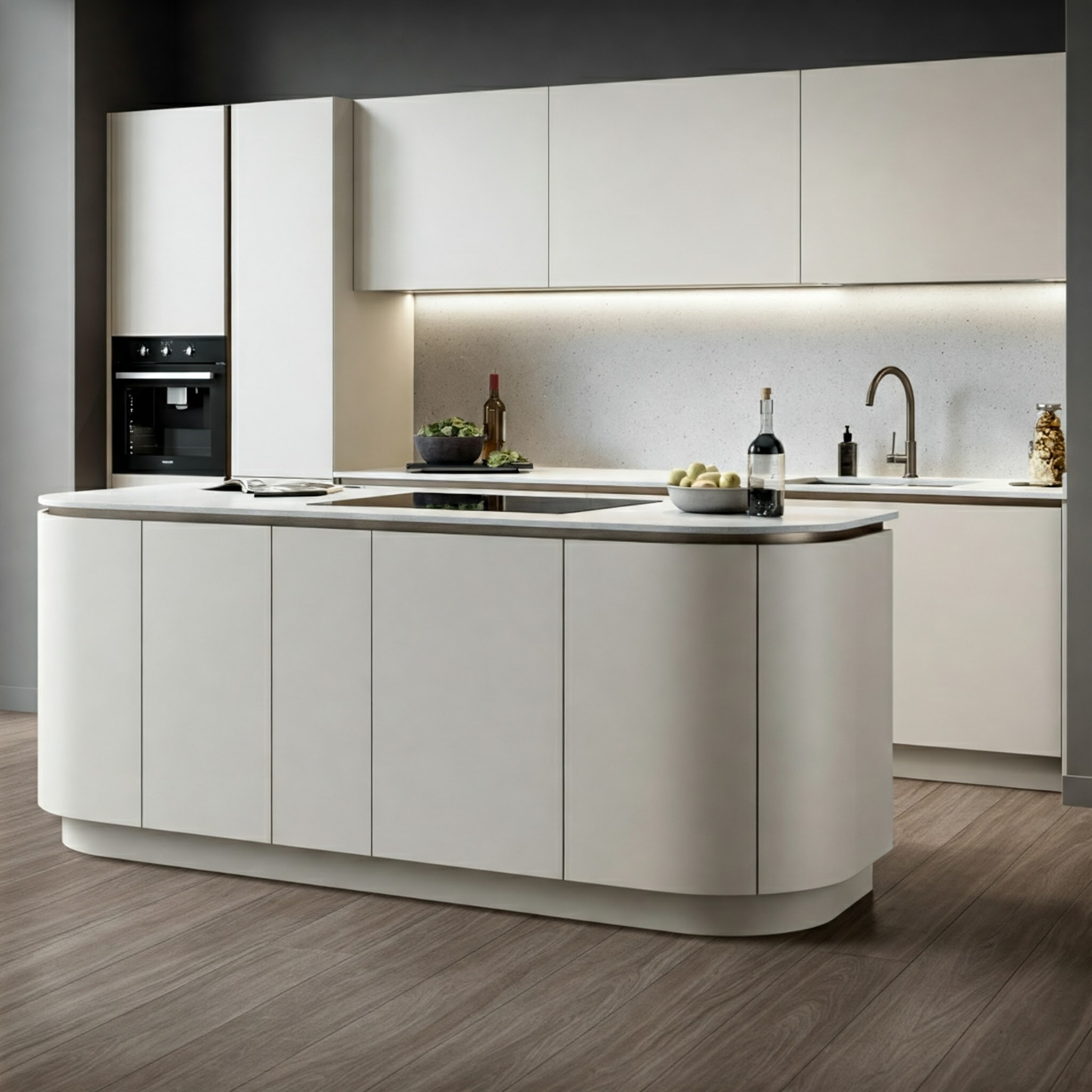 Nowoczesna kuchnia z wyspą o zaokrąglonych krawędziach, białe fronty szafek, drewniana podłoga, oświetlenie podszafkowe, czarny piekarnik w zabudowie, na blacie dekoracyjne butelki, owoce i miska...