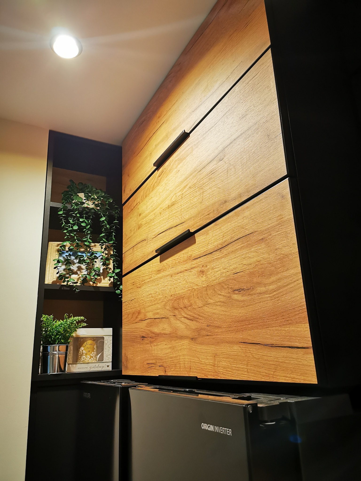 Szafa wnękowa z drewnianymi frontami i czarnymi uchwytami, obok półka z dekoracjami i roślinami, widoczny fragment urządzenia AGD z napisem 'ORIGIN INVERTER'.