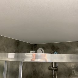 Marek Jarosz ZAKŁAD REMONTOWO-BUDOWLANY - Szczegółowe ujęcie kabiny prysznicowej z szarą, teksturowaną ścianą i białym sufitem. Widoczny wentylator sufitowy i metalowe elementy kabiny.