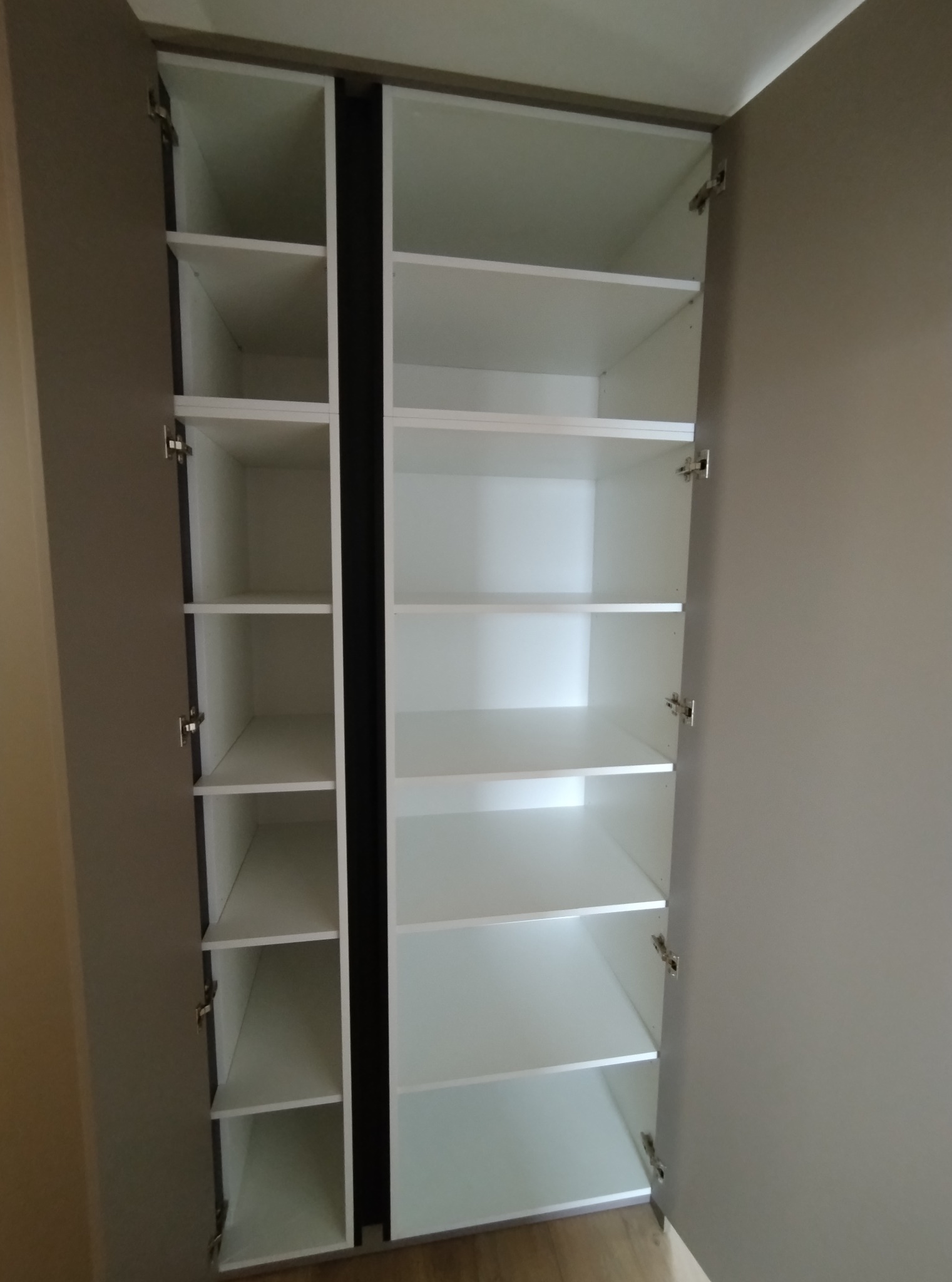 Otwarta szafa wnękowa z półkami, widoczne zawiasy i wnętrze w kolorze białym, drzwi w odcieniach szarości.